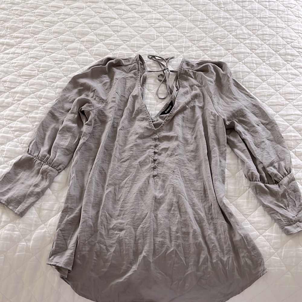 Express Silky Grey Blouse with puffed long sleeves, size Medium.